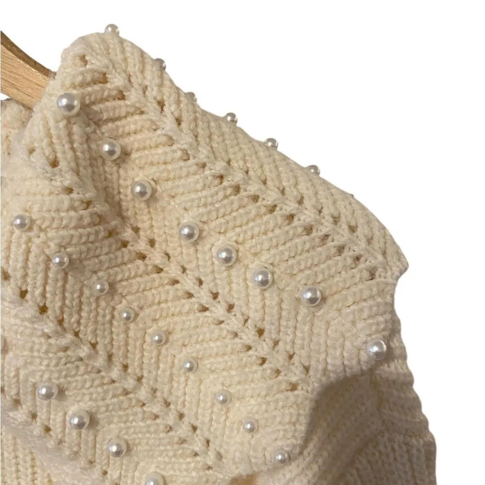ZARA CREAM CABLE KNIT PEARL EMBELLISHED OVERSIZED COLLAR SWEATER SZ SMALL - Picture 7 of 9